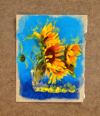 sunflower flower in small clear glass isolated on blue, digital painting. imitation of the style of Van Gogh  in the passepartout