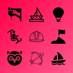 Vector icon set about fitness and sport with 9 icons related to motorcycle, mountainside, man, adventure, alps, traditional, indian, industrial, rescue and water