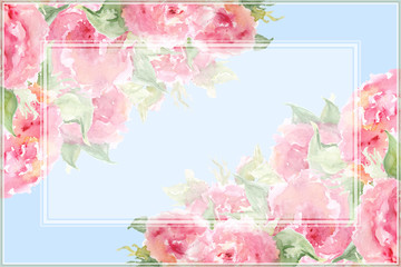 Watercolor pink tea rose peony flower floral composition frame border temple background
