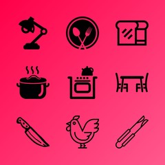 Vector icon set about kitchen with 9 icons related to eating, closeup, white, spoon, old, desk, dish, woman, cooked and decor