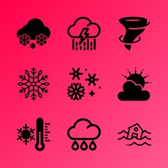 Vector icon set about weather with 9 icons related to snowy, frosty, cloudscape, ominous, flood, warming, street, haiti, freezing and calamity