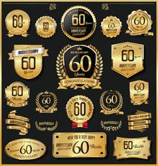 Anniversary retro vintage golden badges and labels vector 60 years - obrazy, fototapety, plakaty