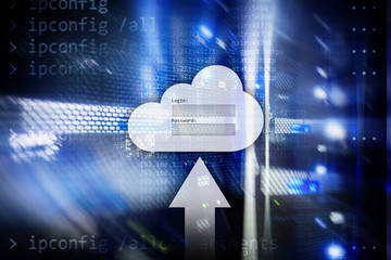 Cloud storage, data access, login and password request window on server room background. Internet...