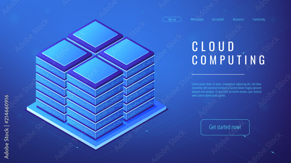 Poster isometric server farm isometric server farm cloud computing concept. power computer server as cluste