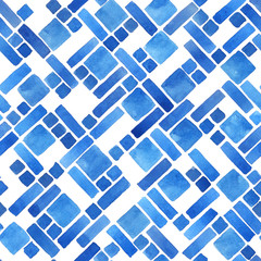 Watercolor diagonal geometric tile in blue. Hand painted mosaic seamless pattern