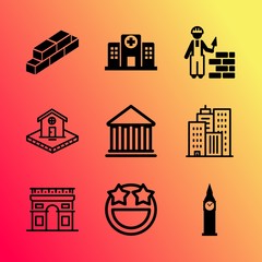 Vector icon set about building with 9 icons related to wallpaper, handyman, country, uniform, builder, motion, interior, champs-elysees, bed and urban