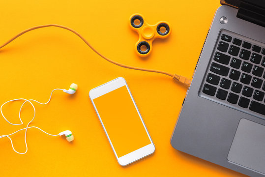 Gadgets Belonging To Young Person, Top View Flat Lay