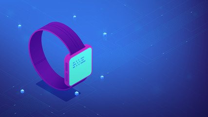 Isometric smartwatch with interface data on the screen. Wearable devices UI, UX design and application software development. IT business concept. Ultraviolet background. Vector 3d illustration.