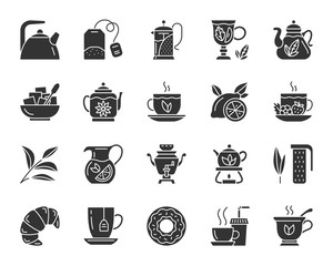 Tea black silhouette icons vector set