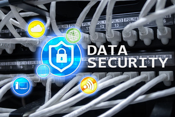 Data security, cyber crime prevention, Digital information protection. Lock icons and server room...
