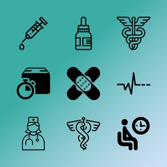 Vector icon set about medicine with 9 icons related to clinic, plastic, treatment, cardiac, waiting, transport, mature, flu, healthcare and product