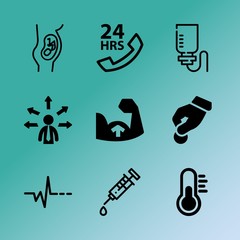 Fototapeta premium Vector icon set about medicine with 9 icons related to hot, expectation, bodybuilding, service, ambulance, baby, red, monitor, healthy and life