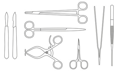 Surgical instruments. Medical and surgery tools: scalpel, calm, forceps or tweezers, scissors. Vector illustration.
