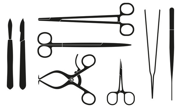 Surgical instruments. Medical and surgery tools: scalpel, calm, forceps or tweezers, scissors. Vector illustration.
