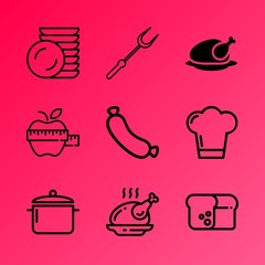 Vector icon set about kitchen with 9 icons related to raw, chef, bratwurst, girl, gold, dough, grain, breast, logo and appetizer