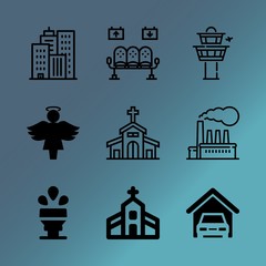 Vector icon set about building with 9 icons related to chapel, engineer, plane, holy, bag, plant, ca, ceiling, belief and downtown