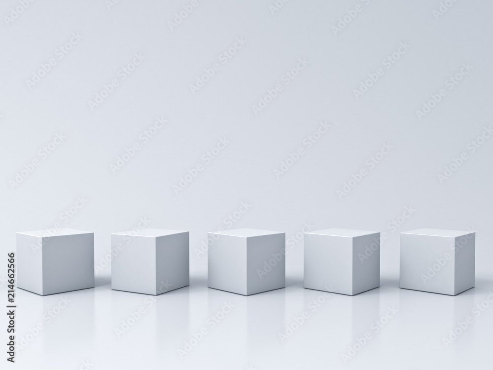 Fototapete Five blank box podiums on white grey background with reflections and shadows 3D rendering