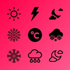 Vector icon set about weather with 9 icons related to celebration, scene, minus, cloudy, orange, sky, illustration, data, night and water