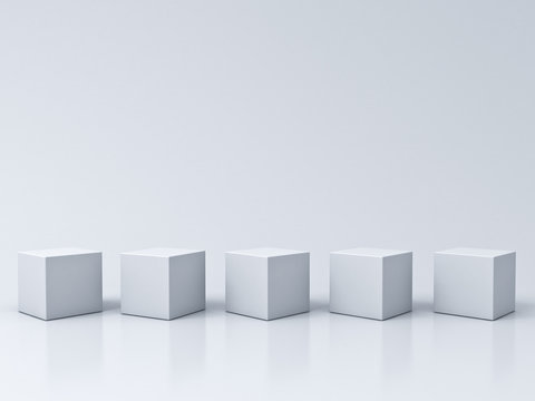 Five blank box podiums on white grey background with reflections and shadows 3D rendering