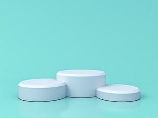 Blank white podium isolated on green pastel color background with reflections and shadows 3D rendering