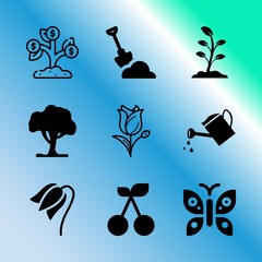 Vector icon set about gardening with 9 icons related to oak, watercolor, fauna, isolated, wedding, construction, vibrant, vegetable, april and can