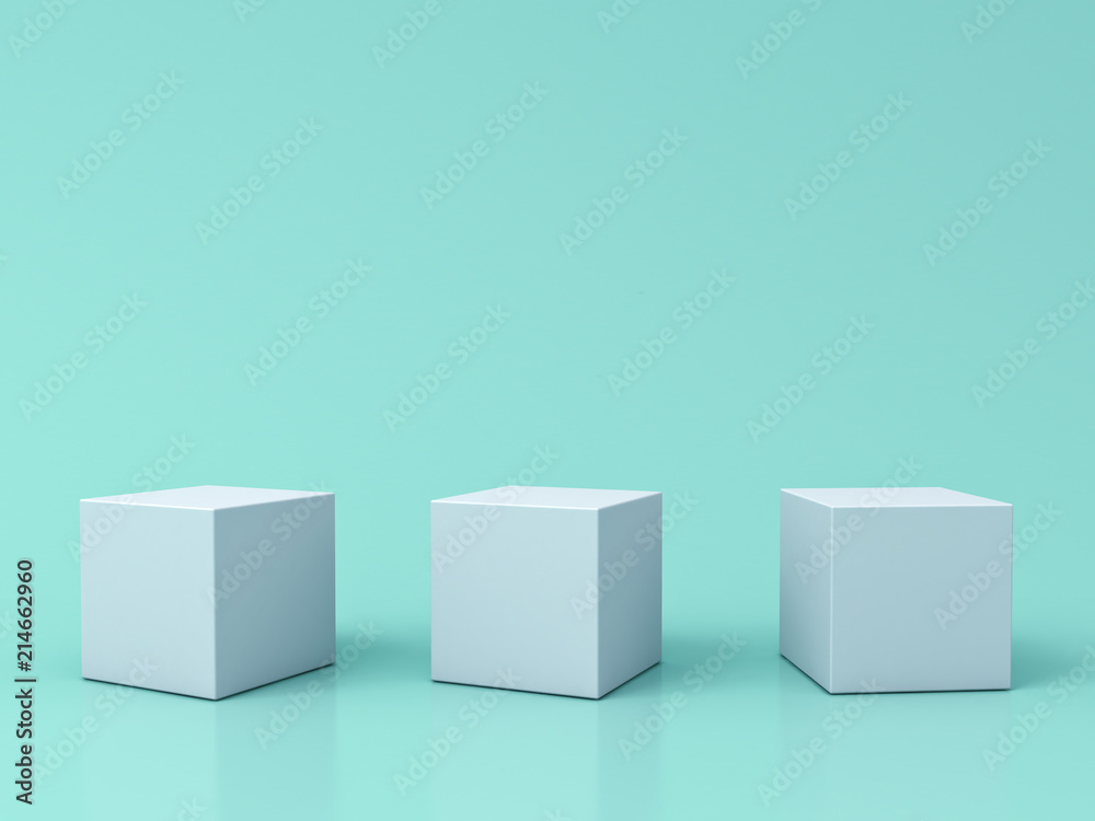 Leinwandbilder three blank white box podiums isolated on green pastel color background with reflections and shadows