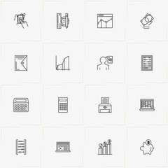 Accountant line icon set with laptop, money box and currency growth