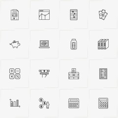 Accountant line icon set with graphics, currency growth and cash inn