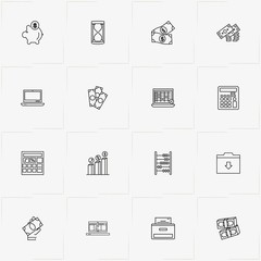 Accountant line icon set with sand watch, laptop and file folder