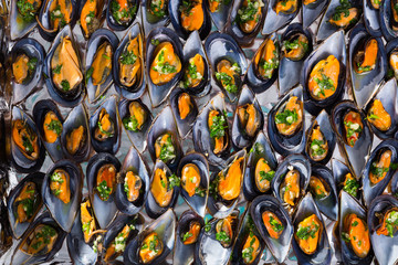 Mussels on baking tray