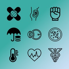 Vector icon set about medicine with 9 icons related to cross, painkiller, baby, help, red, language, scale, car, icon and agent