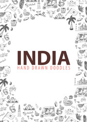 India travel background with indian Hand drawn doodles. Vector illustration.
