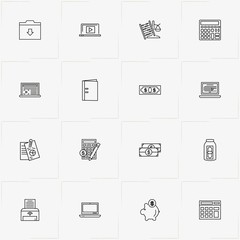 Accountant line icon set with file folder, laptop and money
