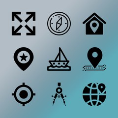 Vector icon set about location with 9 icons related to vintage, holiday, boy, sail, button, point, board, win, locator and home