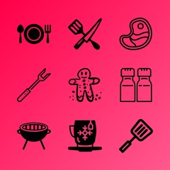 Vector icon set about kitchen with 9 icons related to freshness, sea, uncooked, decoration, spatula, cookout, mineral, bottle, homemade and preparation