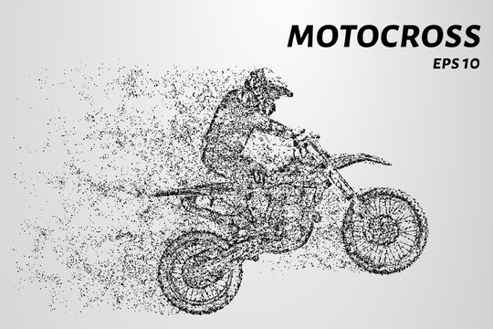 Motocross of particles. Motocross consists of circles and dots. Motorcycle racer on dark background
