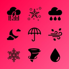 Vector icon set about weather with 9 icons related to earth, summer, environment, shower, skyline, damage, caribbean, traditional, application and planet