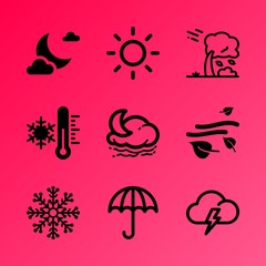 Vector icon set about weather with 9 icons related to flake, gray, thunderstorm, interface, stratosphere, hot, lunar, storm, icy and landscape