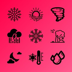 Vector icon set about weather with 9 icons related to drop, nobody, dry, electricity, vector, valley, car, air, healthy and smoke