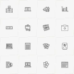 Accountant line icon set with sand watch, graphics and printer