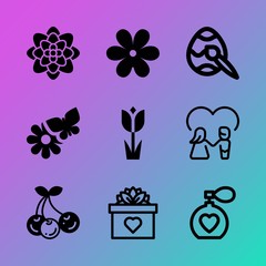 Vector icon set about flowers with 9 icons related to fruit, bokeh, abstract, sakura, sweet, female, white, march, object and perfume bottles