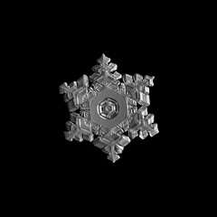 Snowflake isolated on black background. Macro photo of real snow crystal: beautiful star plate with...