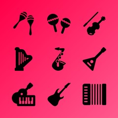 Vector icon set about music instruments with 9 icons related to fiddle bow, style, music, balalaika, piano, tune, sign, play, icon and instrument