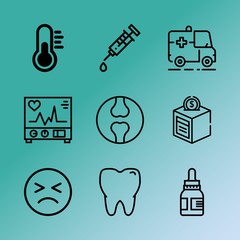 Vector icon set about medicine with 9 icons related to portrait, lifting, plastic, paramedic, male, street, insulin, tension, caucasian and anatomical