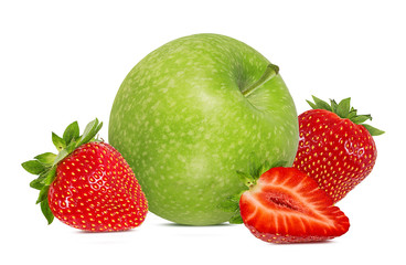Fresh green apple with strawberries  isolated on white background with clipping path