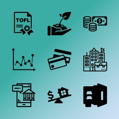 Vector icon set about bank with 9 icons related to lettering, human, template, fund, online, notebook, celebration, finance, chart and security