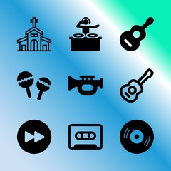 Vector icon set about music with 9 icons related to wedding, video, holy, banner, disc jockey, smartphone, next, element, tower and christ