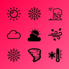 Vector icon set about weather with 9 icons related to december, decorative, lightning, food, tropical, frosty, warm, damage, car and sunbeam