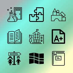 Vector icon set about education with 9 icons related to green, primary, analyzing, campus, travel, geography, baby, soft, play and beaker