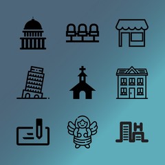 Vector icon set about building with 9 icons related to style, miracle, sunset, technology, currency, silhouette, modern, sea, family and gate